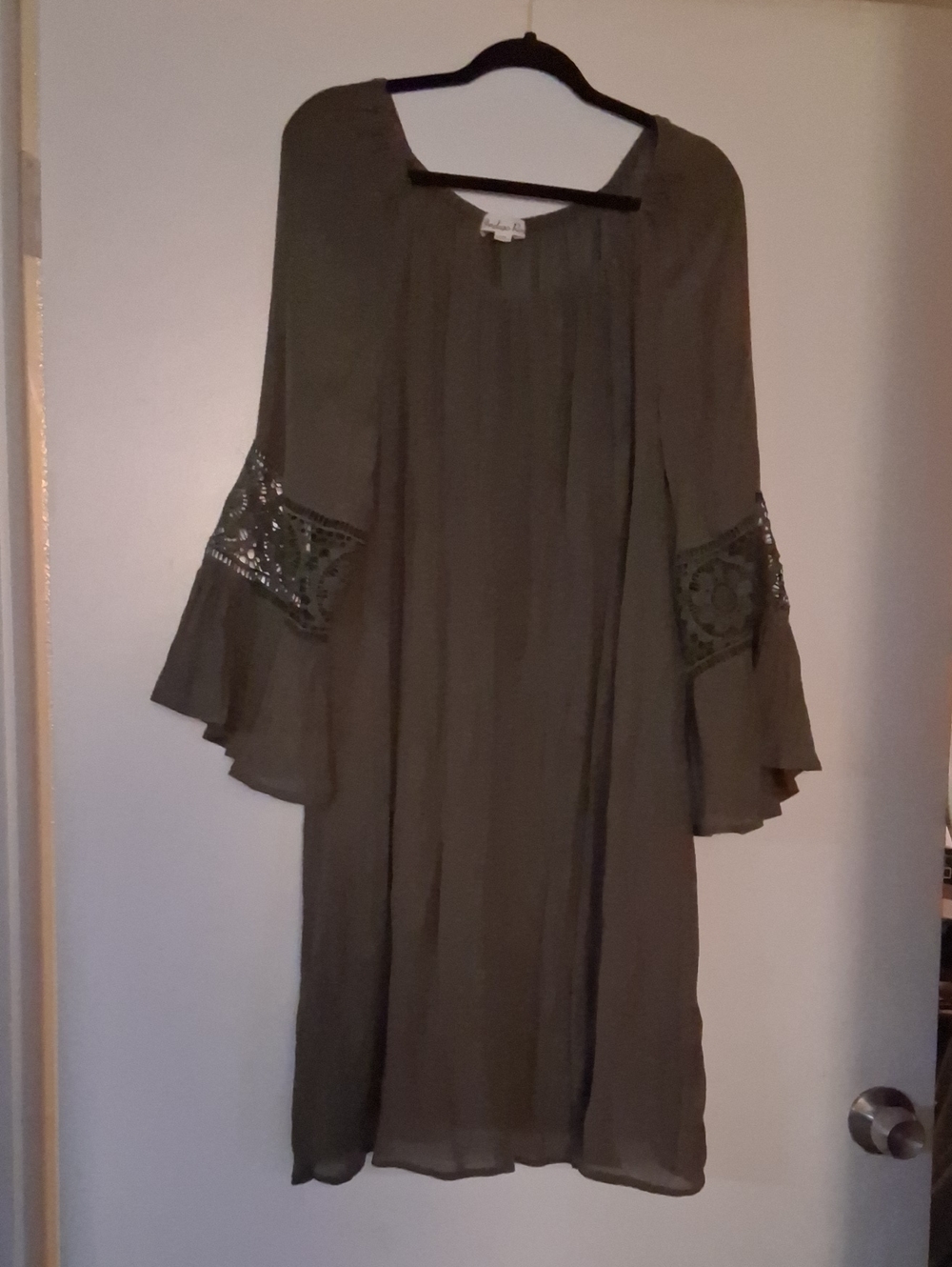 Olive Green Women's Boho Shift Dress with Lace Bell Sleeves By Indigo Rose 3X